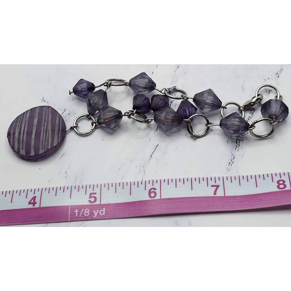 Purple Glass Beaded Silver Loop Lobster Clasp Charm Bracelet
